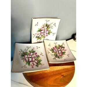 Vintage Hand-Painted Square Floral Trinket Dishes – Set of 3 (Japan, K-110)